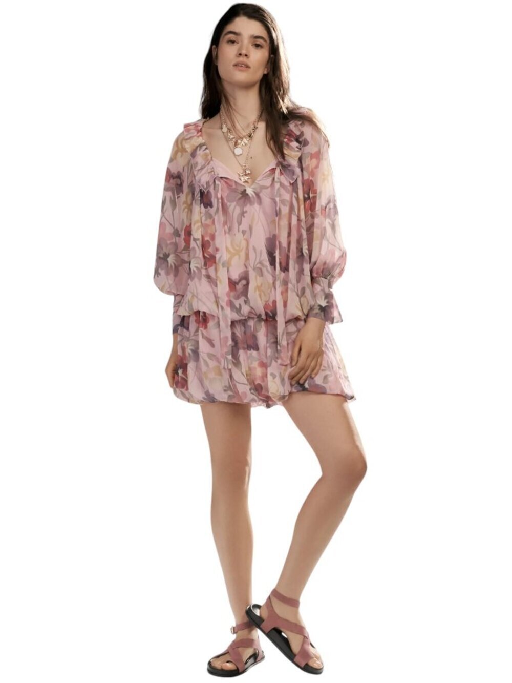 Mare Mare Anthropologie Pink Floral Ruffle Tie Neck Blouson Mini Dress